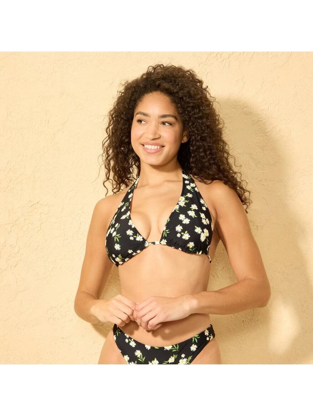 Shade & Shore NWT Women's Reversible Print Halter Bikini Top Daisy Polka Dot XL